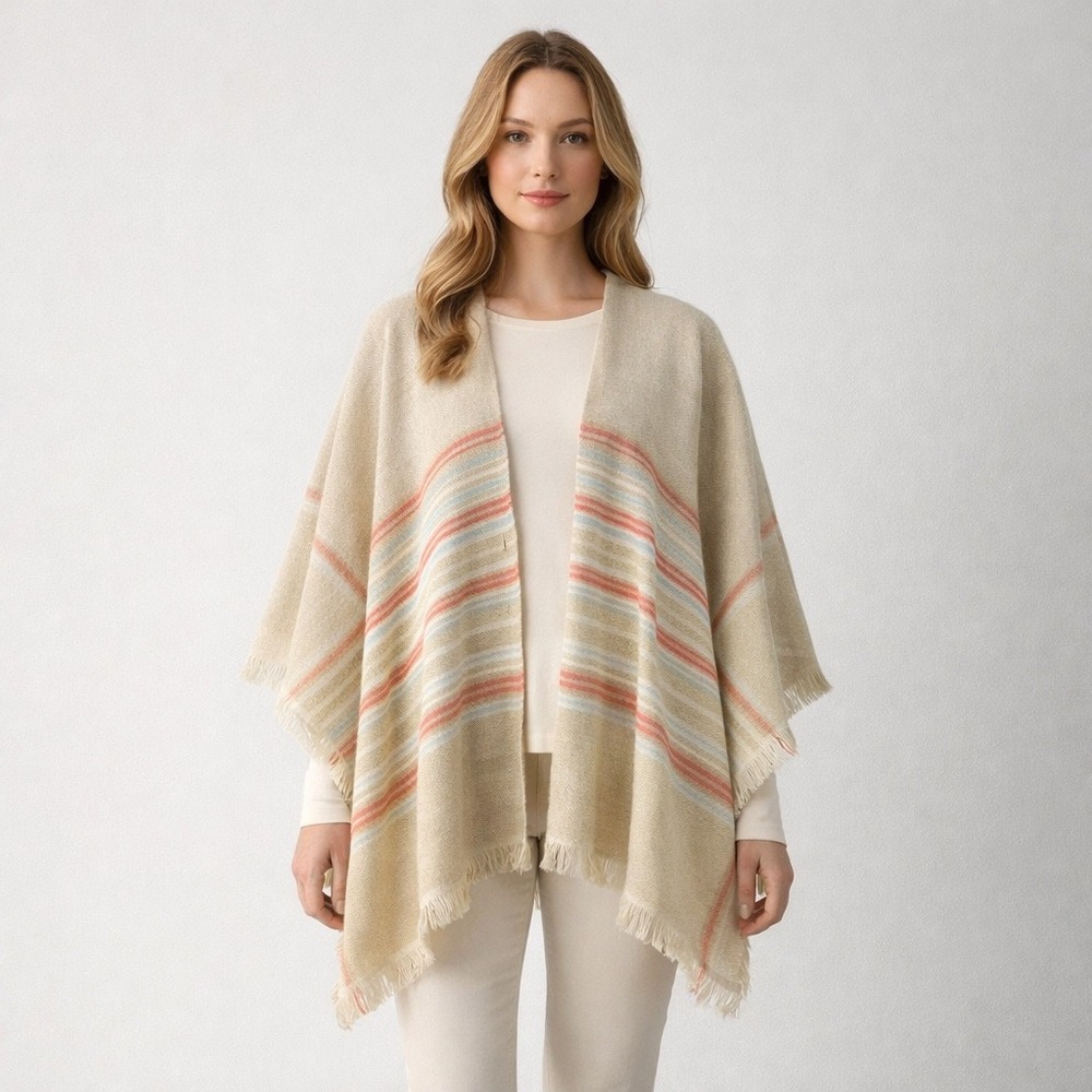Echo Neutral Stripe Fringe Ruana Shawl Wrap Open Poncho One Size